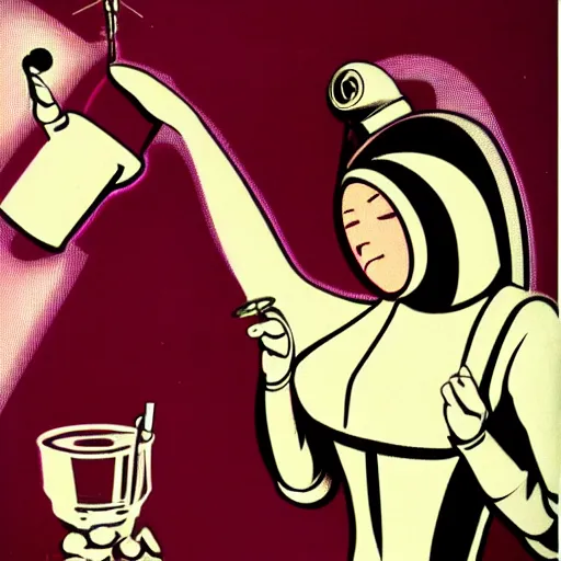 Image similar to retrofuturistic, futuristic style, robot maid serving a drink