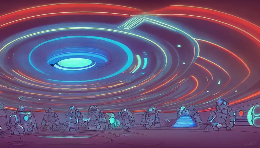 Image similar to a space ship circular room with bright holodesk in the center showing a blue hologram of a solar system, standing dark people discussing, contrasted light, clair obscur, illustration, clean lines, star wars vibe, by sead mead, by feng zhu!!! by moebius, vivid colors, spectacular cinematic scene