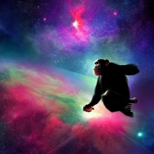 Prompt: a chimpanzee floating through outer space reaching out and touching nebula with it's finger, digital art, concept art, DeviantArt, art station illustration highly detailed artwork cinematic hyper realistic