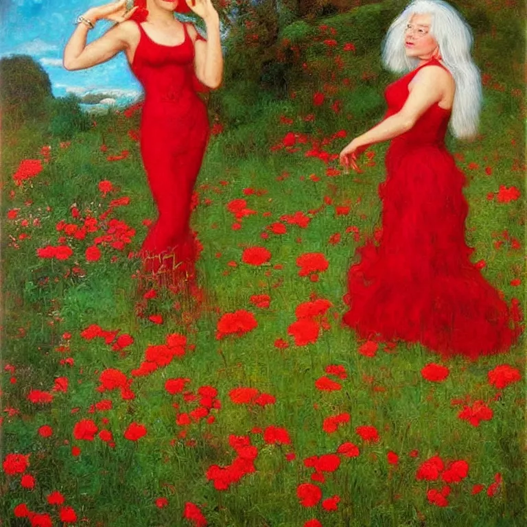 Prompt: Standing woman in a Red dress, with white hair on a golden background, with pink flowers photorealism Edward Robert Hughes,Stanisław Szukalski and Roger Dean