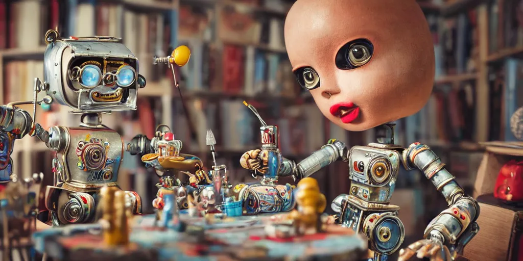 Prompt: closeup portrait of tin toy retro robot artist drawing sketches in a workshop, depth of field, zeiss lens, detailed, centered, fashion photoshoot, by nicoletta ceccoli, mark ryden, lostfish, breathtaking, 8 k resolution, extremely detailed, beautiful, establishing shot, artistic, hyperrealistic, octane render