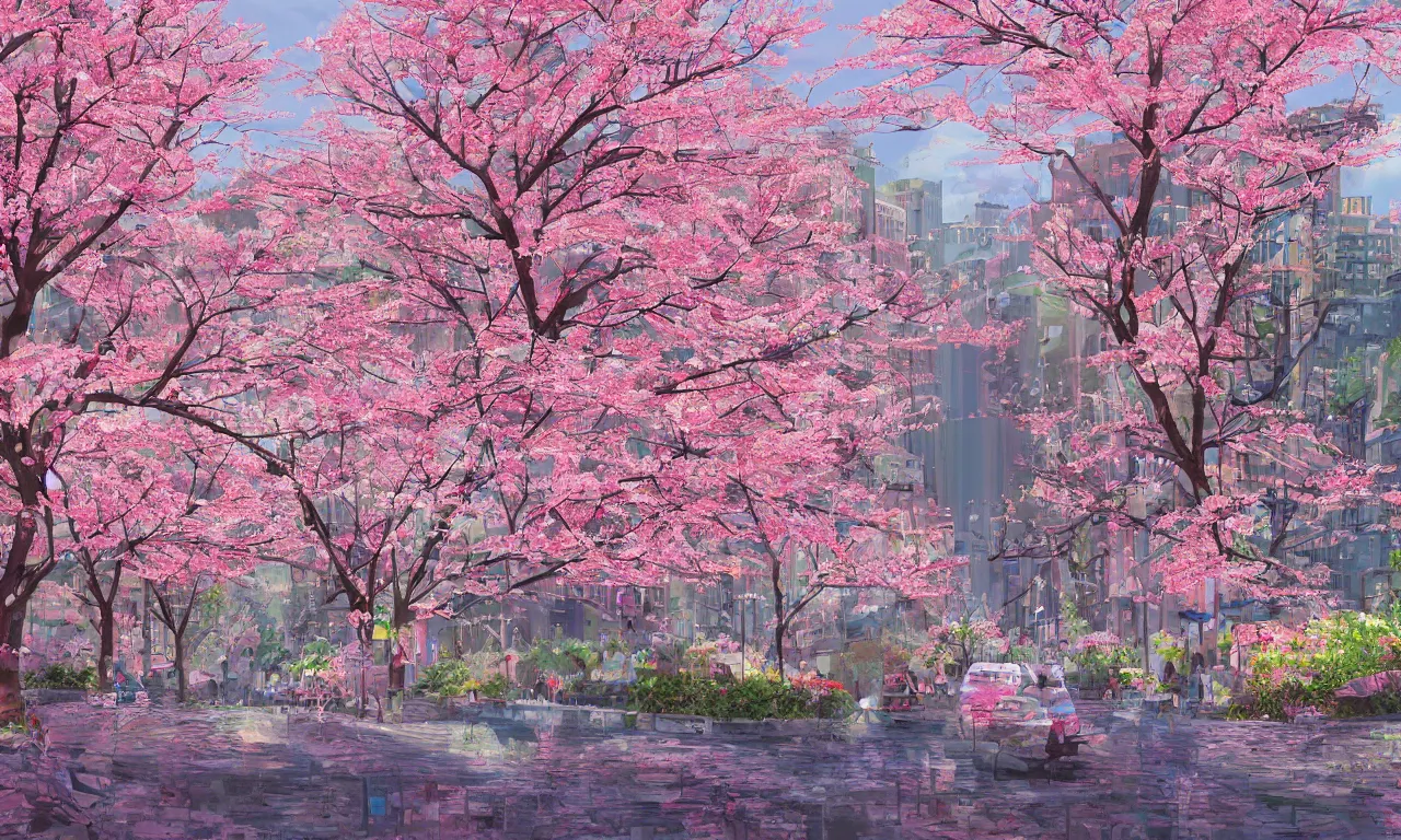 Image similar to twiddle a plopple, cherry blossom, busy cityscape, digital art, 3 d illustration