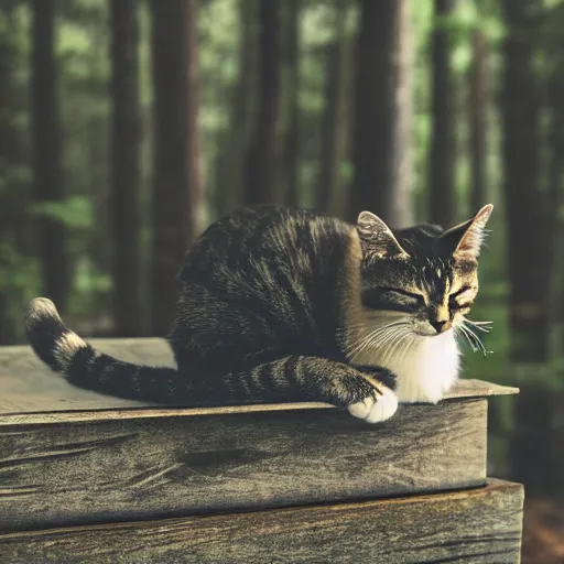 Prompt: a sleeping cat on a table, in a forest