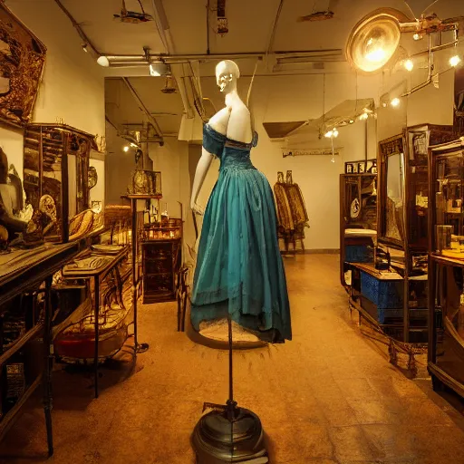 Image similar to scene in a victorian era trafalgar dress shop, turquoise dress on a manikin, cobbled laneway, ambient lighting, cinematic quality, high octane, vray render, subsurface scatter, drum scanner intricate complexity, golden ratio, kojima, amano, charlie bowater museum piece, fine art