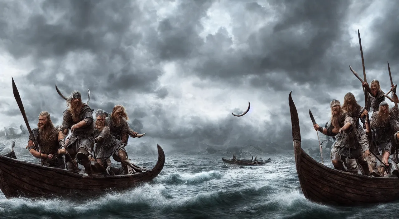 Image similar to a beautiful hyper realistic ultra detailed lifelike matte painting of vikings on a dragon boat, stormy weather, unreal engine, deviantart, flickr, artstation, octane render, textured, colorful, extreme realistic detail, physically based rendering, pbr render, very detailed, volumetric lighting, detailed lighting, octane render, 4 k, cinematic lighting, 8 k resolution