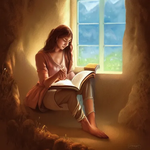 Image similar to village girl reading a book, cinematic, intricate, elegant, highly detailed, digital painting, artstation, concept art, smooth, sharp, focus, illustration, art by artgerm and Johfra Bosschart