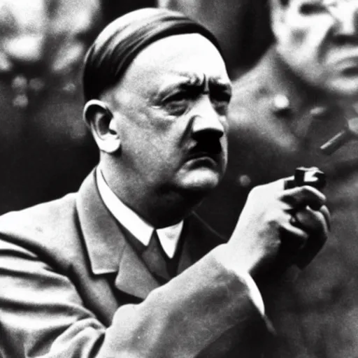 Image similar to hitler pointing a gun to his head while crying, close - up shot