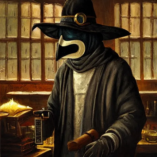 Image similar to plague doctor working in medieval apothecary, magical alchemy laboratory, oil painting, by Greg Rutkowski