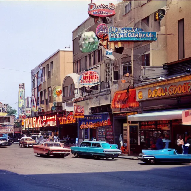 Prompt: kodachrome photograph of a city street with many donut shops, donut stores, 1 9 6 7 in the year 1 9 6 7, saturated photograph