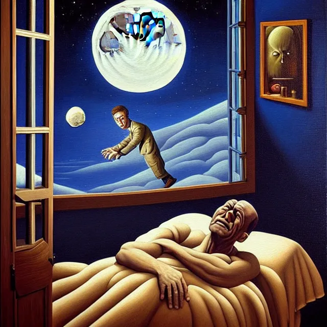 Image similar to an oil on canvas portrait of a man waking up and the moon is shining in through the window, surrealism, surrealist, lovecraftian, cosmic horror, rob gonsalves, high detail