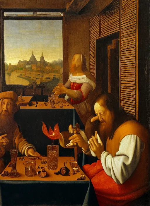 Image similar to a candlelit table at the inn, mario and luigi sitting at the table, swirling smoke, dark smoke, realistic, in the style of leonardo da vinci, dutch golden age, amsterdam, medieval painting by jan van eyck, johannes vermeer, florence