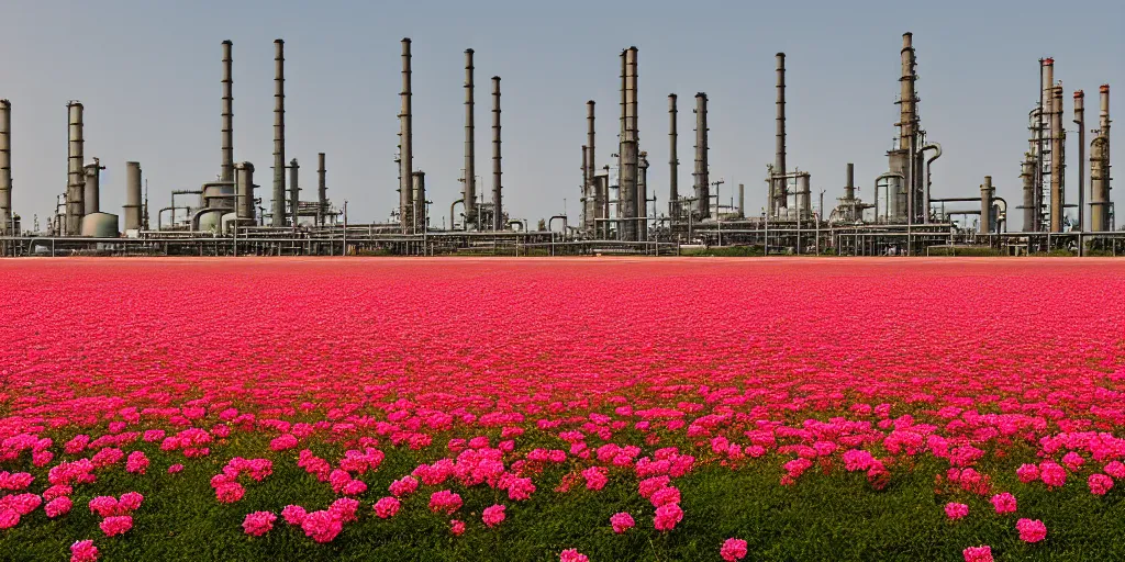 Image similar to a beautiful big field of rosses with in the background industry buildings with dirty smoke oil refinery, f / 2. 8, global illumination, by zeng fanzhi