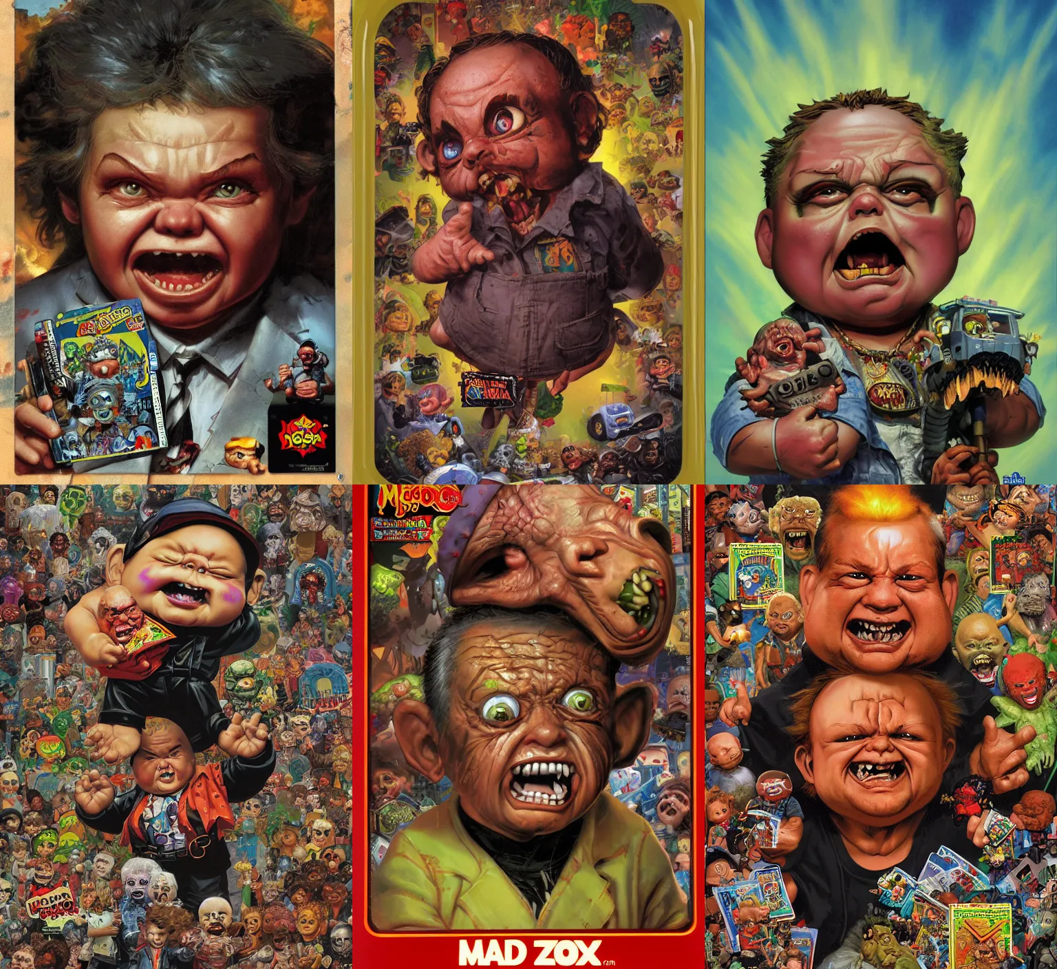 Prompt: Portrait of mad religious , garbage pail kids style by Craig mullins and Jason edmiston, plastic toy, trading card, zoom out