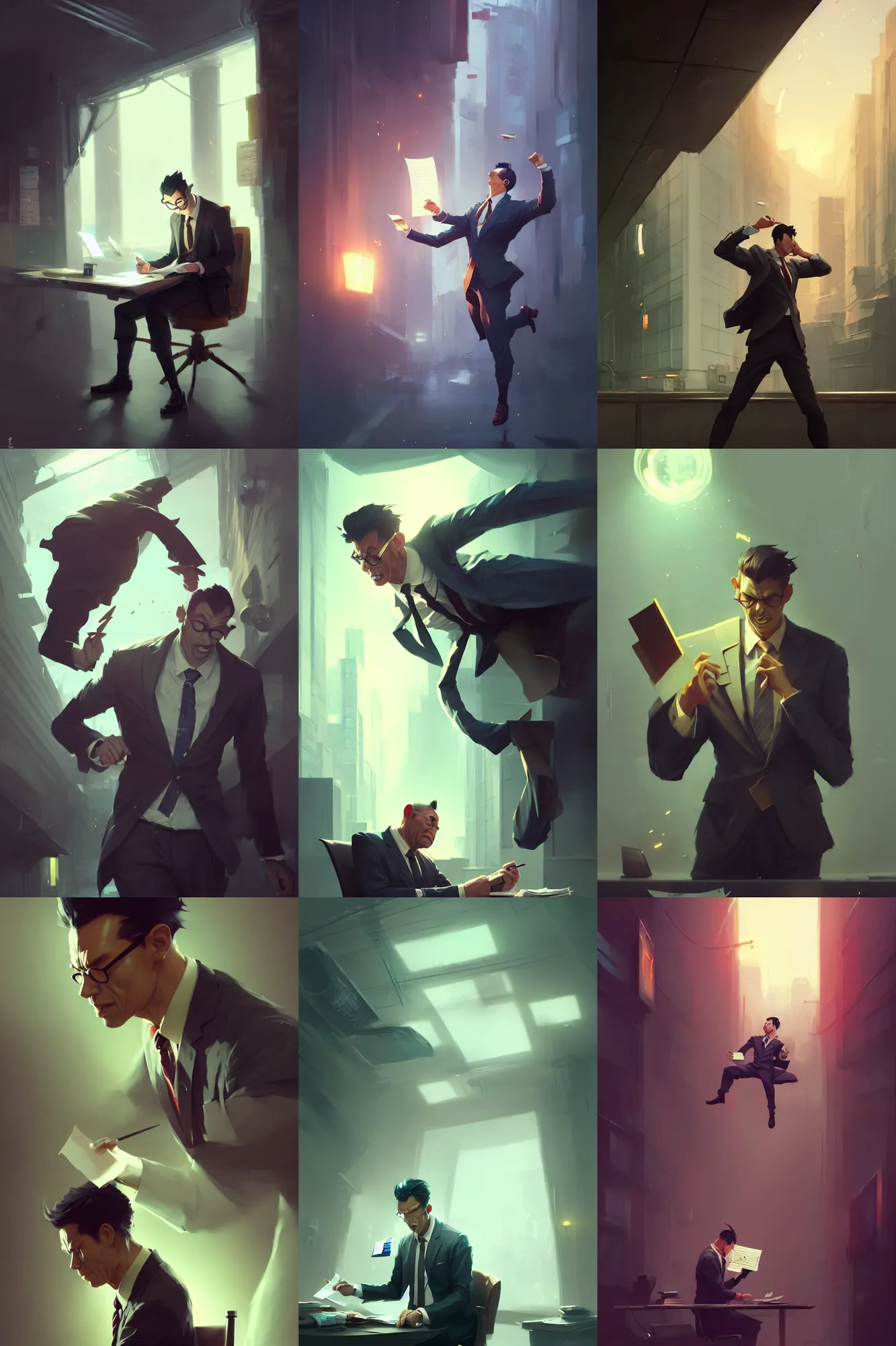 Prompt: a boring salaryman filing his taxes, by wlop, greg rutkowski, peter mohrbacher, dramatic action pose, extremely detailed shading, sharply focused, concept art, digital painting, trending on artstation, unreal engine 5, octane render, atmosphere, glow, cinematic lighting, full of color