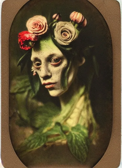 Prompt: beautiful and detailed rotten woman made of plants and many types of stylized flowers like carnation, chrysanthemum, roses and tulips, intricate, surreal, john constable, guy denning, gustave courbet, caravaggio, romero ressendi 1 9 1 0 polaroid photo