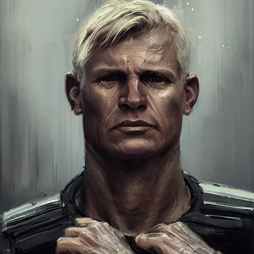 Prompt: Portrait of a man by Greg Rutkowski, he is about 50 years old, short blond hair, athletic and strong, straight jaw, wearing a futuristic tactical gear, expression of determination with weariness and resignation, older brother vibes, highly detailed portrait, digital painting, artstation, concept art, smooth, sharp foccus ilustration, Artstation HQ.