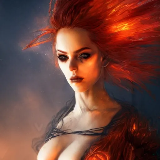 Prompt: kerli koiv as a fire genasi, flaming hair, darkwave, darksynth, concept headshot art, sharp, digital matte painting, art by luis royo, greg rutkowski, wlop, dramatic lighting, trending on artstation