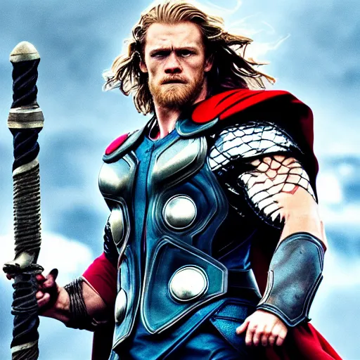 Image similar to Sam Heughan as Thor , 4K, highly detailed