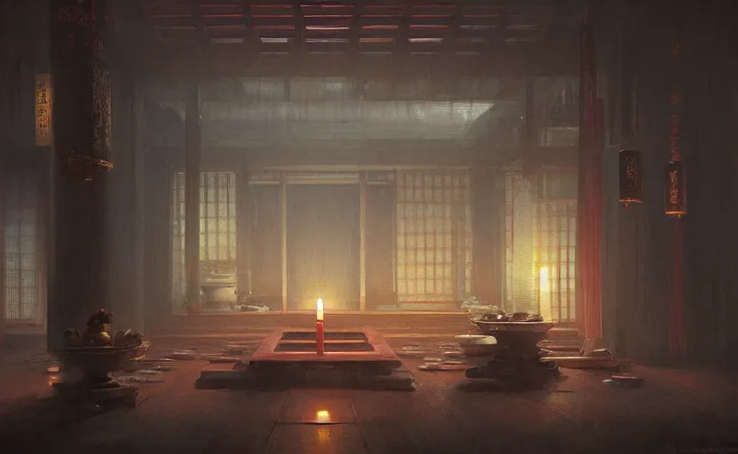 Image similar to painting of an interior Japanese temple with candles by Greg Rutkowski and Craig Mullins, Dark atmospheric sad and cinematic lighting, Trending on artstation