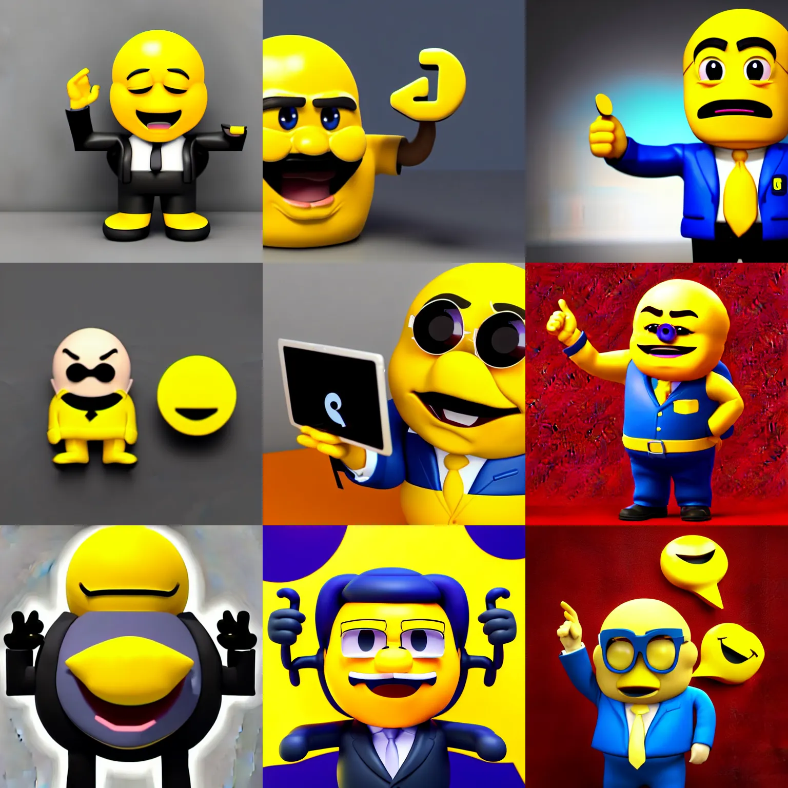 Prompt: Octane render. Trending on artstation. Character portrait. 3d sticker. 3d 1990s emoji. Funny grumpy character in a business suit doing a business deal. Iconic 3d yellow emoji face. Geocities. Yahoo. AOL. Netscape.