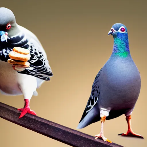 Prompt: a pigeon vs a kid kung fu style in a dojo for a piece of bread, facing each other, stand off, muscled pigeon like the rock, best photo award, high quality 8 k, cinematic lighting, cinematic composition, high detail, realism : 9 5 %