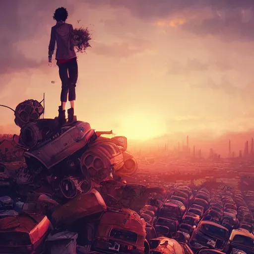 Image similar to kid standing on pile of cars on garbage dump, wasteland city, sunset sky, nostalgia feeling, greg rutkowski, alphonse mucha, trending on artstation, 4 k highly detailed art, digial art, karl schulschenk, dmitriy eremenkov