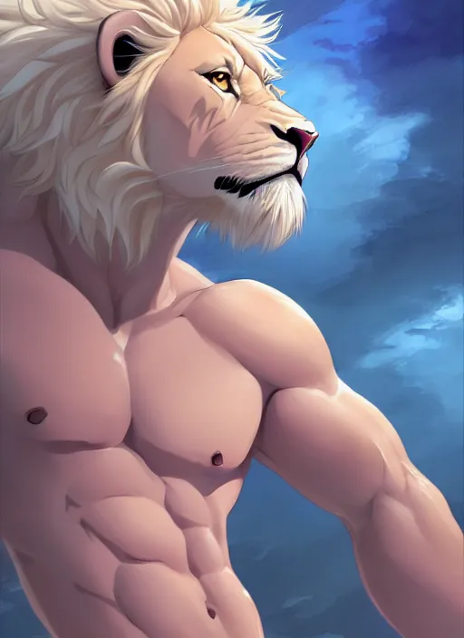 Prompt: award winning beautiful commission of a muscular male furry anthro albino lion wearing swim trunks chilling in a modern spa with soft warm atmospheric cozy lighting with beautiful hyperdetailed face. Character design by charlie bowater, ross tran, and makoto shinkai, detailed, inked, western comic book art