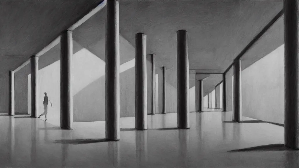 Prompt: minimalist industrial interior hallway with monolithic pillars in the style of ridley scott and stanley kubrick, impossible architecture, ultra view angle view, lone person in the distance, realistic detailed painting by edward hopper