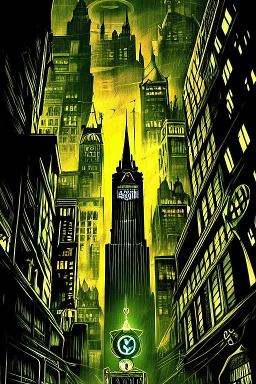 Image similar to gotham city, aesthetic, fantasy, bioshock pop art, by mike swiderek, jorge lacera, ben lo, tyler west,, ultrarealistic, sharp focus, intricate, ultra high definition details, shadow effect