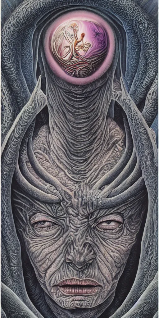 Image similar to alien portriat, alex grey, patrick woodroffe, mark ryden