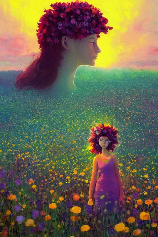 Prompt: closeup, giant flower head, girl in suit stitting in a field of flowers, surreal photography, sunrise, blue sky, dramatic light, impressionist painting, digital painting, artstation, simon stalenhag