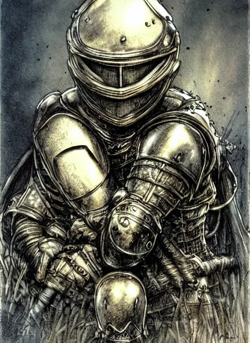 Image similar to toad sits in a knight's helmet, engraving, concept art, illustration, smooth, sharp focus, by luis royo