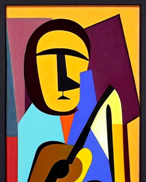 Prompt: a cubism portrait of willie nelson hugging his guitar, in the style of archipenko, alexande, muted colors