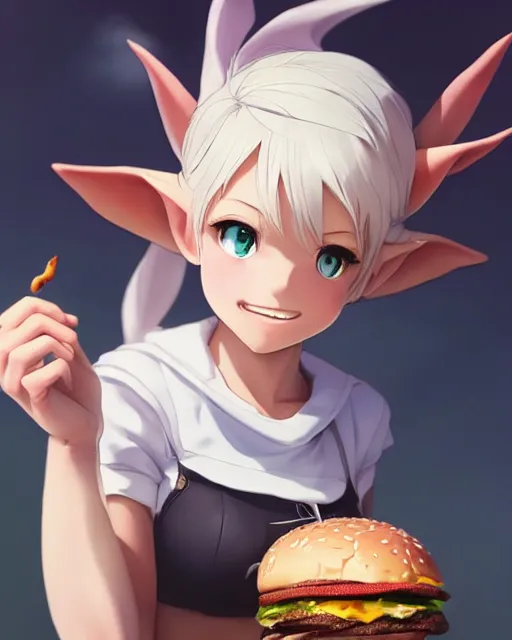 Image similar to adorable elf girl holding a burger, single subject, close shot, ambient lighting, white hair, detailed face, by makoto shinkai, stanley artgerm lau, wlop, rossdraws