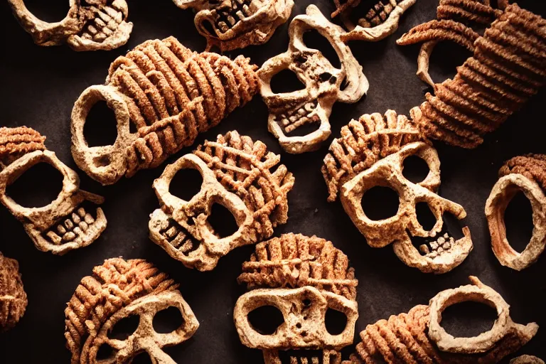Image similar to aztec skull made of churros, food photography, food stylist, 35mm, centered, uncropped