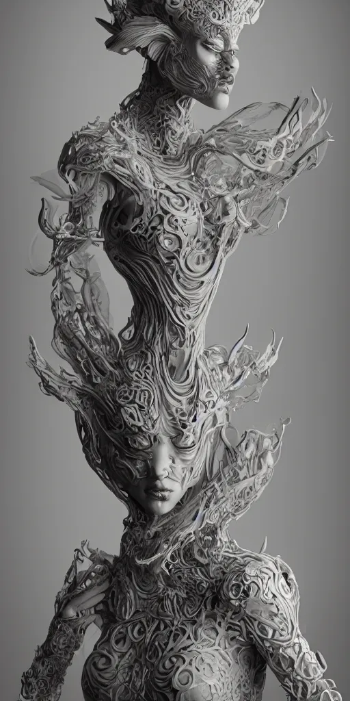 Prompt: a sculpture of mythical creatures by geenss archenti flores, elegant and beautiful female face, intricate psychedelia, elegant, highly detailed, artstation, concept art, ambient occlusion, vray render,