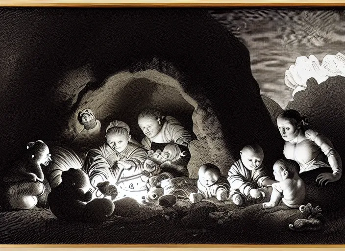 Image similar to Pieter Claesz's 'a bear and her cubs sleeping in a dark cave, lit by campfire', night time, cross hatching, framed, monochrome