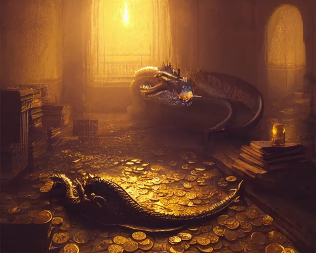 Image similar to dragon sleeping in a room filled with gold coin, gold, treasure. glistening, volumetric light, by greg rutkowski