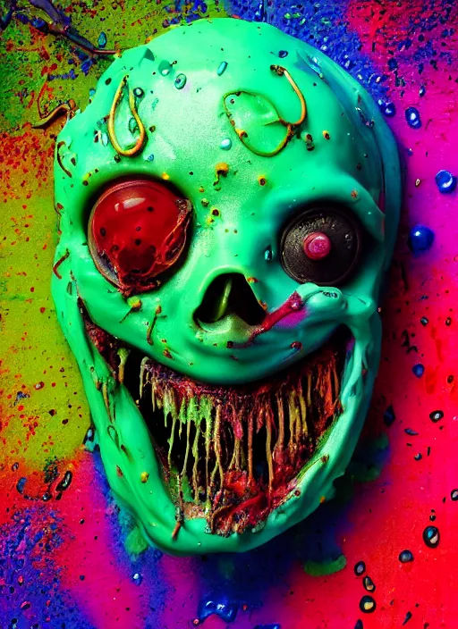 Image similar to beautiful 3 5 mm photograph of a slimy rotting zombie cop covered in colorful wet goop, dripping with colorful liquid, policeman, cop, biocop, intricate details, dark ambient, service cap, atmospheric, movie poster, poster, horror, elegant, super highly detailed, professional digital photo, artstation, concept art, 8 k