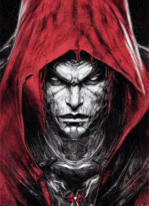 Image similar to close up portrait of a vampire in a dark cloak, black and red color, powerful, domineering, stoic, masterful, intense, ultrafine hyperdetailed illustration by kim jung gi, irakli nadar, intricate linework, sharp focus, octopath traveler, yoji shinkawa, highly rendered, detailed, concept art