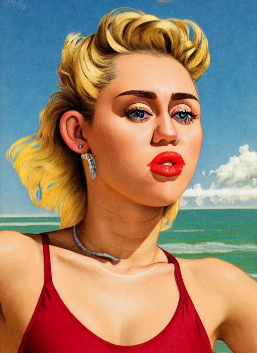 Prompt: close up portrait of miley cyrus in swimsuit running on a beach, soviet propaganda poster, intricate, hyperdetailed, photorealistic, diffuse lighting, hdrp, artstation, unreal 5, smooth, textless, sharp focus, art by john collier, albert aublet, krenz cushart, artem demura, alphonse mucha