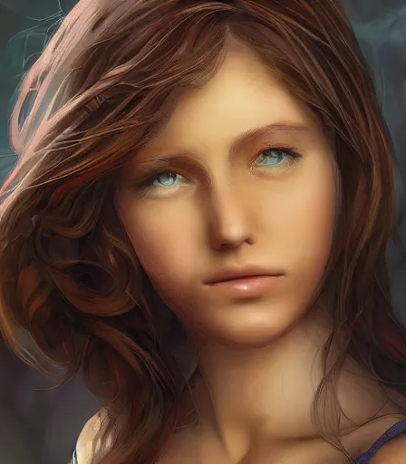 Image similar to beautiful portrait of an insanely gorgeous woman with blue eyes, brown hair and a perfect body, character design by charlie bowater, ross tran, artgerm, and makoto shinkai, detailed, soft lighting, rendered in octane