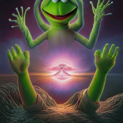 Prompt: the wound! is where the light! enters you, an inspiring masterpiece! matte painting about healing!, pain, and forgiveness, featuring kermit the frog by alex grey and peter mohrbacher and sam spratt, ethereal, majestic, quantum wavetracing, 8 k, octanerender