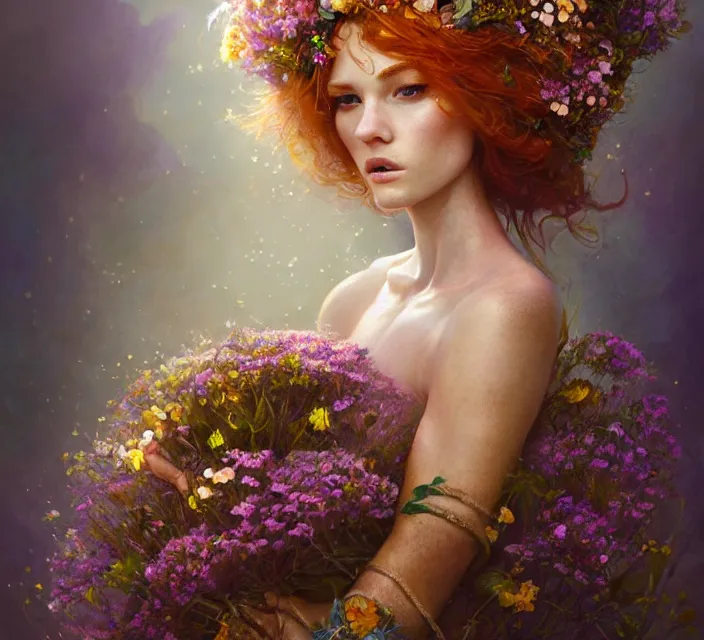 Prompt: cute female bride swathed in flowers, perfect face, tiara, ginger hair, abs, cinematic, freckles, stunning, athletic, strong, agile, highly detailed, psychedelic, digital painting, artstation, smooth, hard focus, illustration, art by jessica rossier and and brian froud