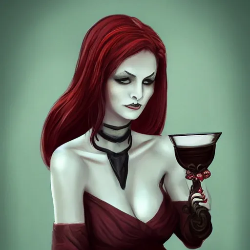 Image similar to portrait of beautiful vampire lady drinking from a goblet of blood, fantasy illustration trending on artstation