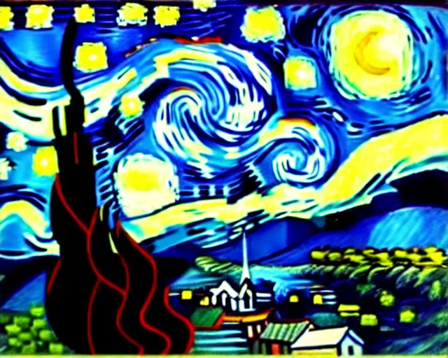 Prompt: Starry Night by van Gogh, re imagined as a Giorgio de Chirico painting