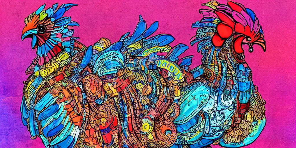 Prompt: colorful illustration of a fully armored mechanical rooster, diselpunk, mix of styles, vivid colors