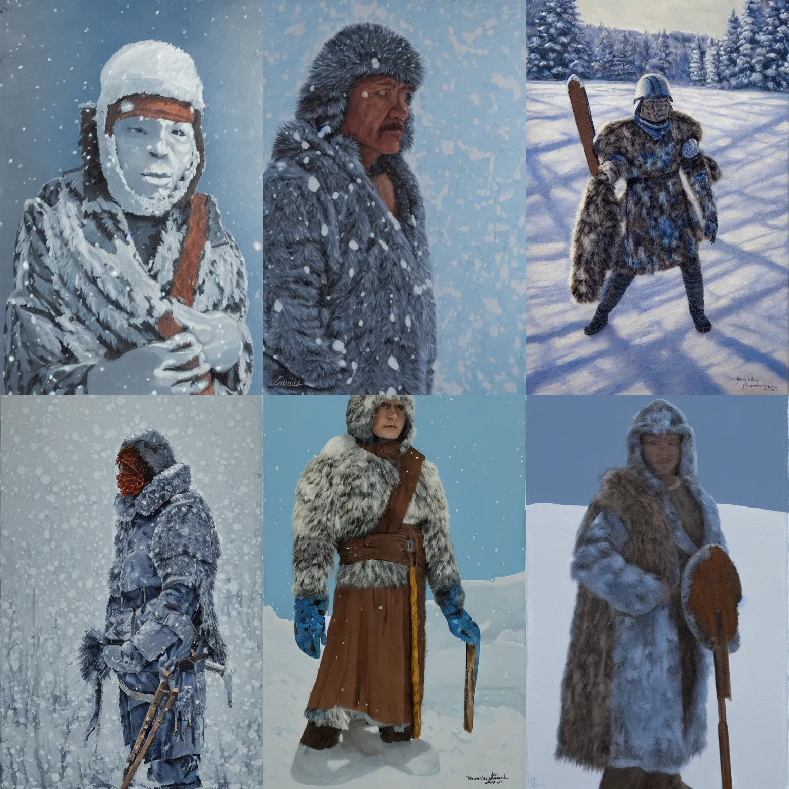 Prompt: painting of 2 0 1 9 inuk legionary, snow camouflage, furs, technical, scuta, american realist, tonalist, figurative art, versimlitude, dramatic lighting, snow, cerulean blue, prussian blue, titanium white, payne's grey, burnt umber, winter