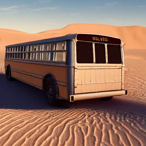 Image similar to silver school bus in the desert by hot springs, sand dunes, sage brush, golden hour, ultra detailed, 8 k, trending on artstation, award - winning art,