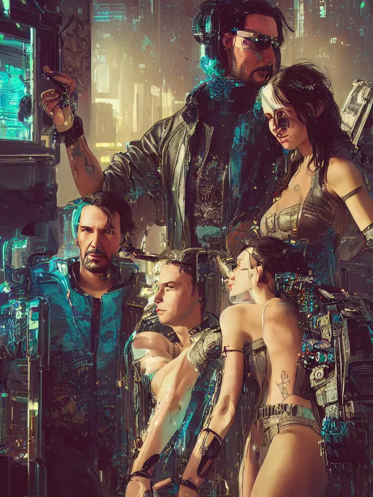 Image similar to a cyberpunk 2077 wedding couple portrait of Keanu Reeves and V in love story,pray,hug,hold,kiss,film lighting,by Lawrence Alma-Tadema,Andrei Riabovitchev,Laurie Greasley,Dan Mumford, John Wick,Speed,Replicas,artstation,deviantart,FAN ART,full of color,Digital painting,face enhance,highly detailed,8K,octane,golden ratio,cinematic lighting, no extra heads, no extra people